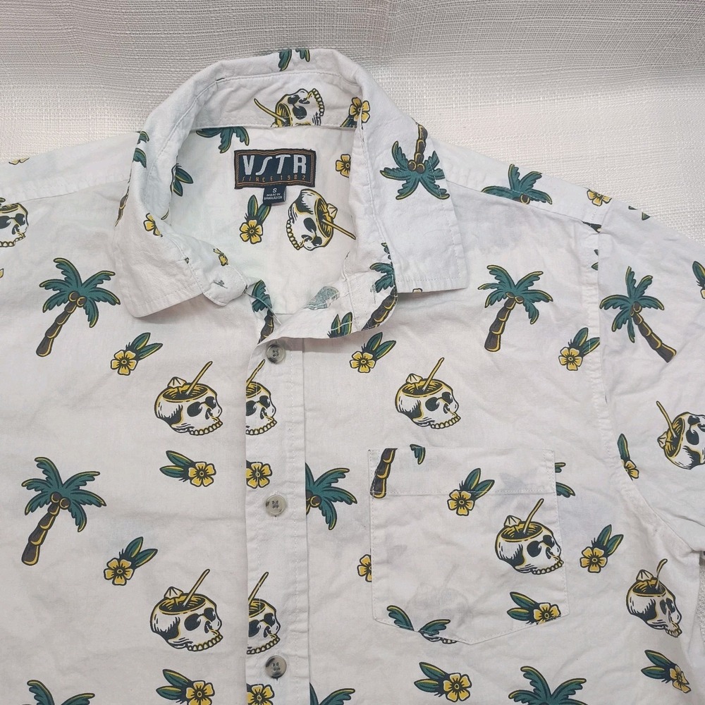 VSTR Men's S Hawaiian Button‎ Up Skulls Palm Trees Floral 100% Cotton Vacation